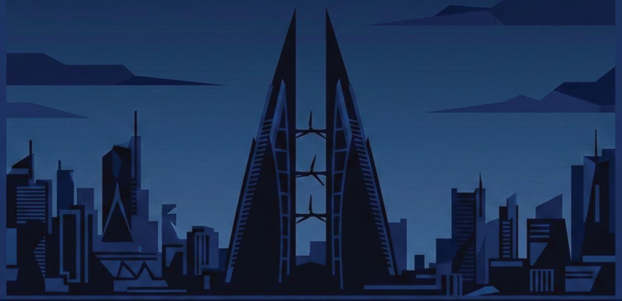 Illustration of the Manama skyline at dusk, with the Bahrain World Trade Center at its centre